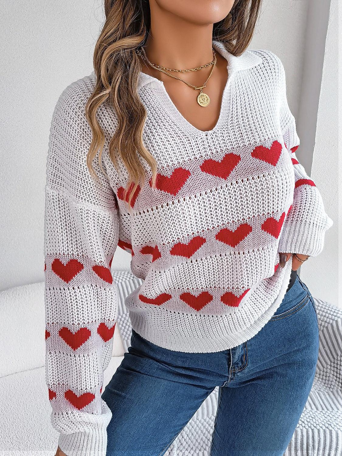 Heart Johnny Collar Long Sleeve Sweater - Trendy by Luna