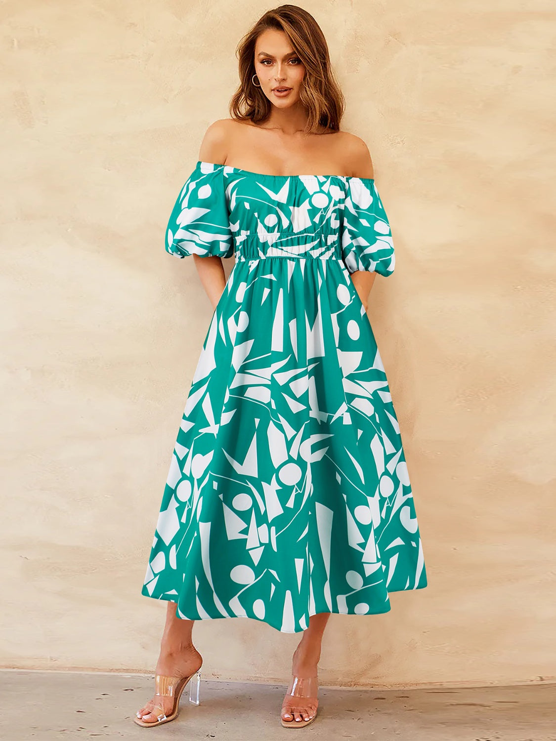 Printed Off-Shoulder Balloon Sleeve Dress - Trendy by Luna