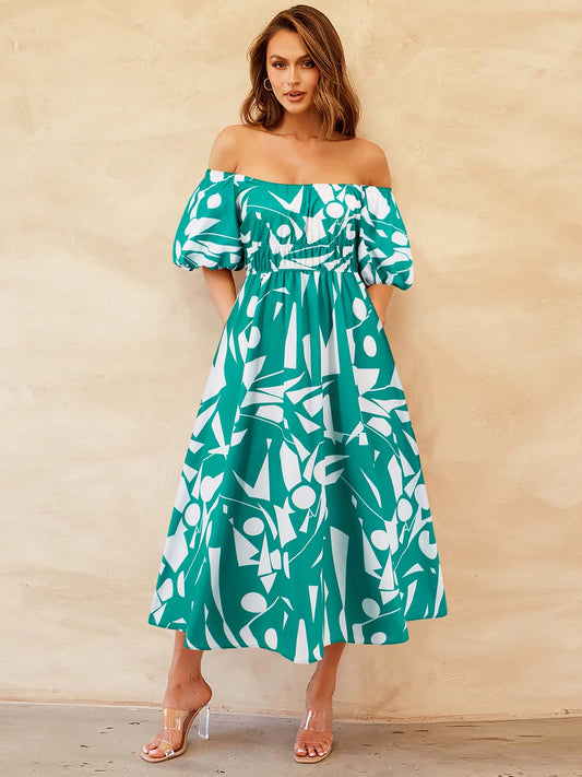 Printed Off-Shoulder Balloon Sleeve Dress - Trendy by Luna