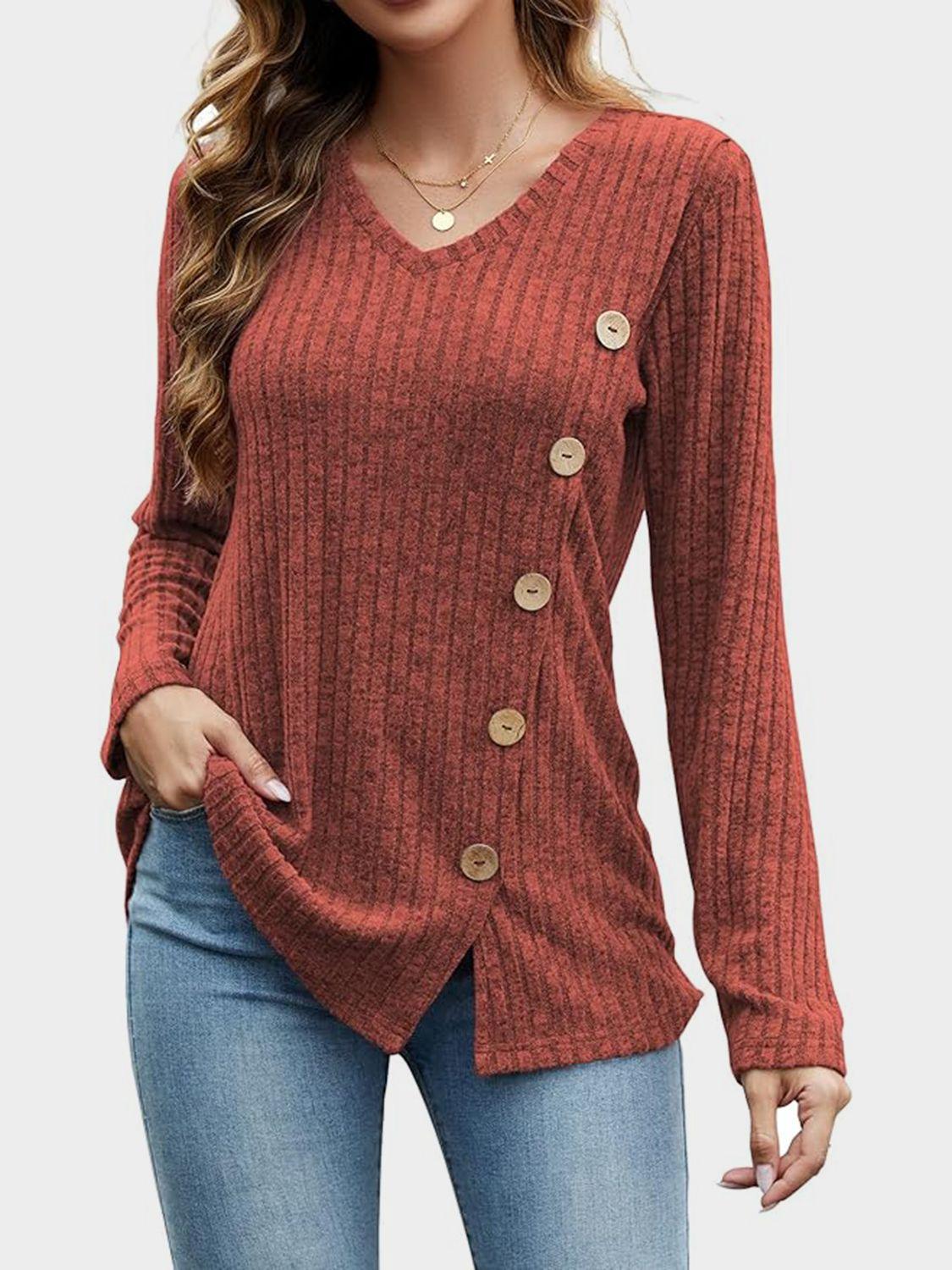 V-Neck Long Sleeve T-Shirt - Trendy by Luna