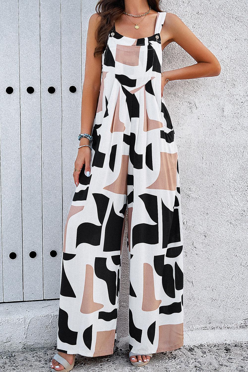 Printed Wide Strap Jumpsuit with Pockets - Trendy by Luna