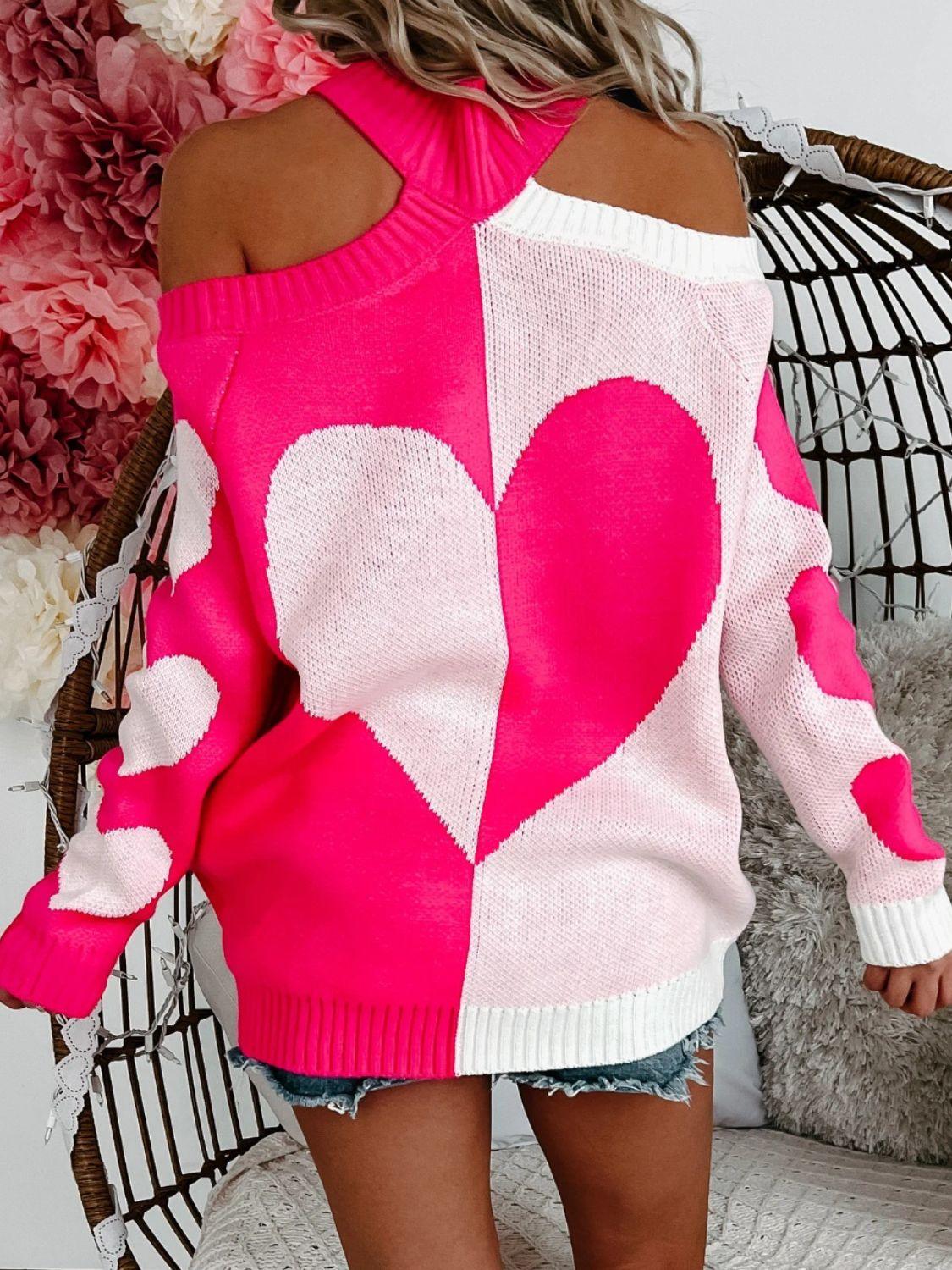 Valentine's Day Heart Turtleneck Cold Shoulder Sweater - Trendy by Luna