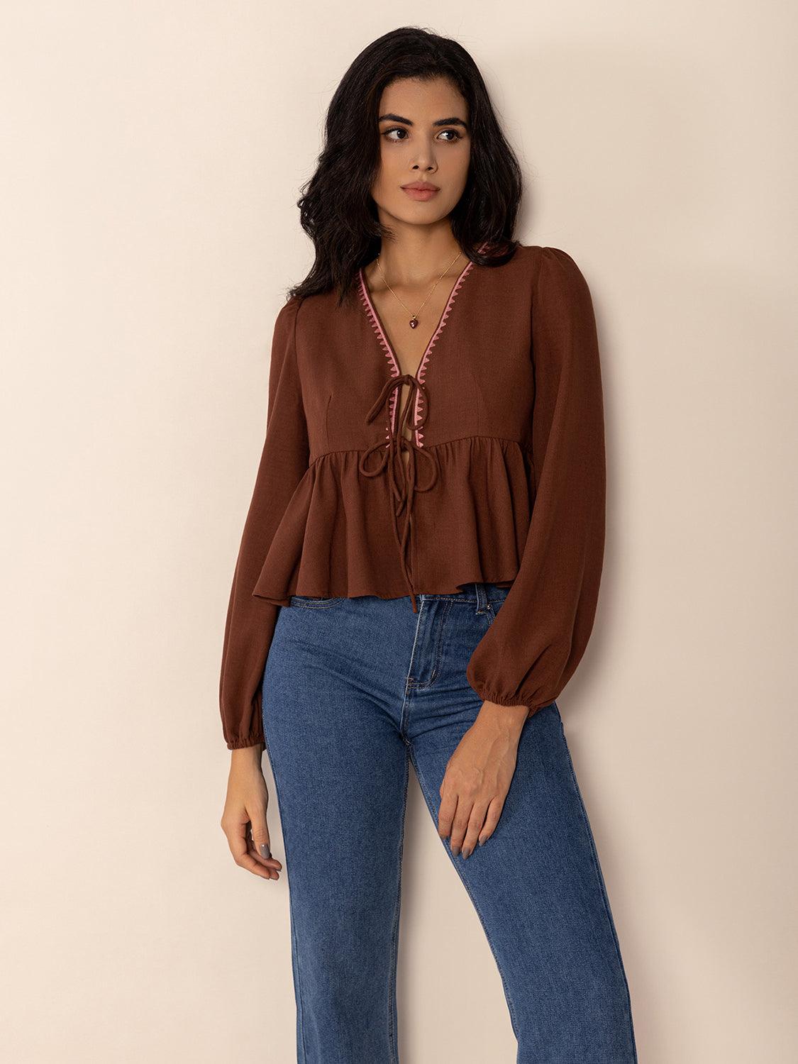 Peplum Tied V-Neck Long Sleeve Blouse - Trendy by Luna