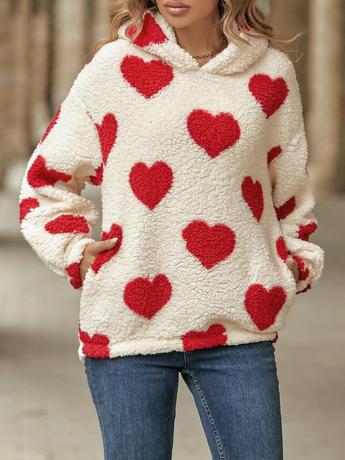 Fuzzy Heart Pocketed Dropped Shoulder Hoodie - Trendy by Luna