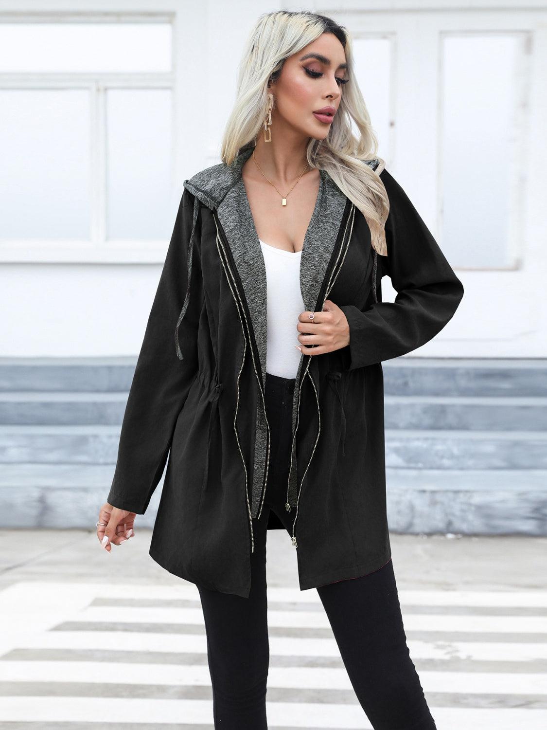 Zip Up Drawstring Hooded Trench Coat - Trendy by Luna