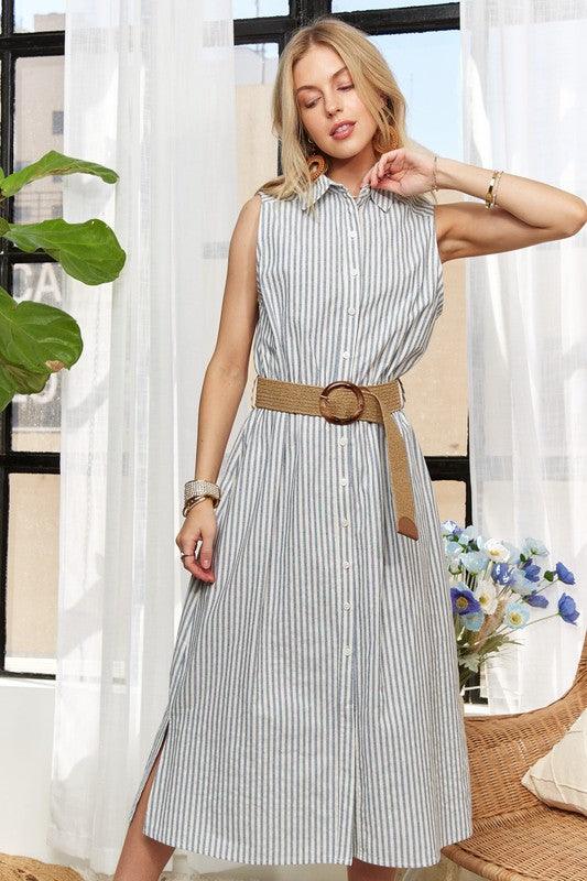 ADORA Striped Button Down Sleeveless Midi Dress - Trendy by Luna