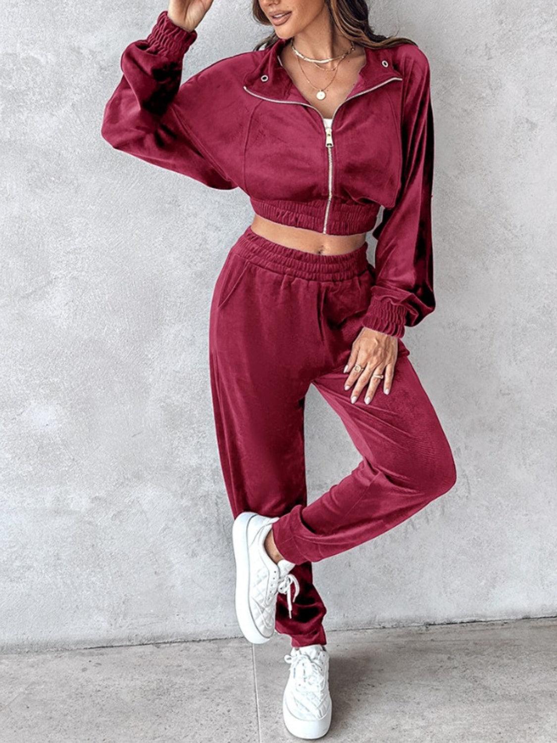 Zip Up Long Sleeve Cropped Top and Joggers Set - Trendy by Luna