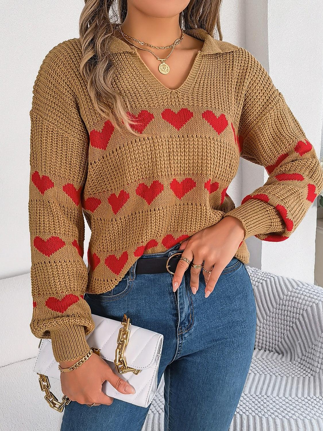 Heart Johnny Collar Long Sleeve Sweater - Trendy by Luna