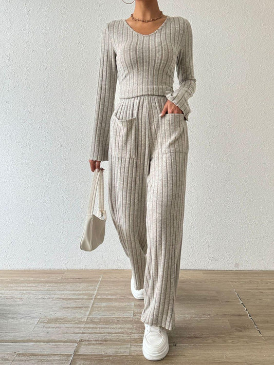 Ribbed V-Neck Long Sleeve Top and Pocketed Pants Set - Trendy by Luna