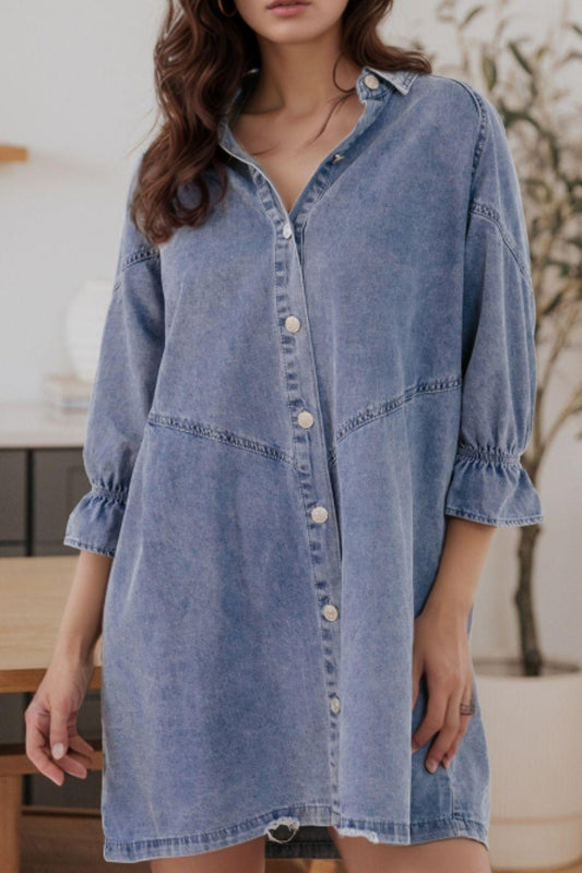 Distressed Collared Neck Flounce Sleeve Denim Dress - Trendy by Luna