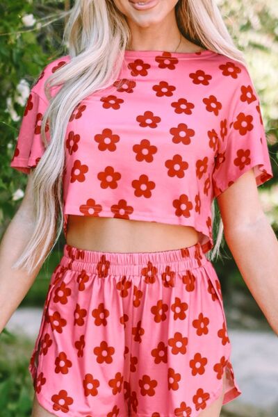 Floral Cropped Tee and Shorts Lounge Set - Trendy by Luna