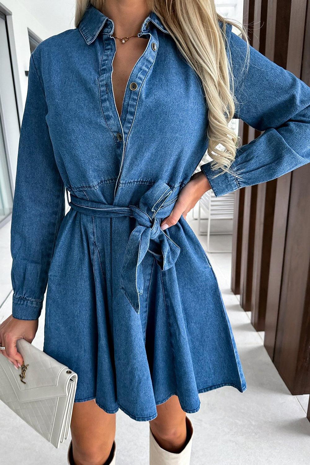 Tied Half Button Long Sleeve Denim Dress - Trendy by Luna