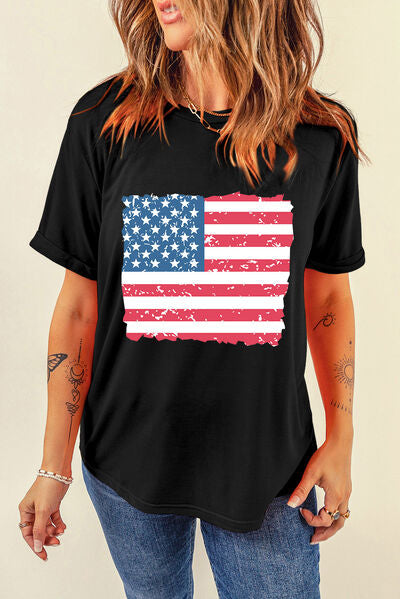 US Flag Round Neck Short Sleeve T-Shirt - Trendy by Luna