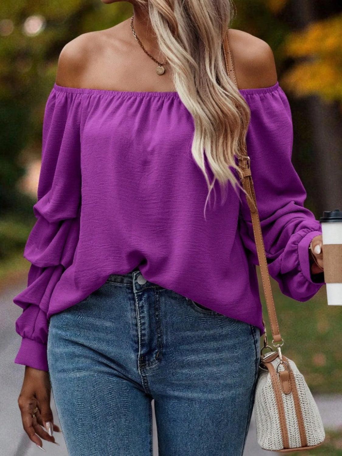 Ruched Off-Shoulder Long Sleeve Blouse - Trendy by Luna