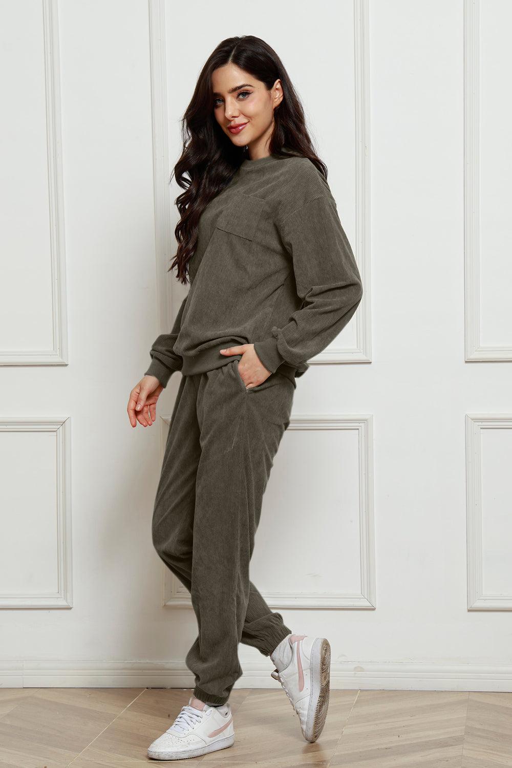 Corduroy Round Neck Sweatshirt and Sweatpants Set - Trendy by Luna