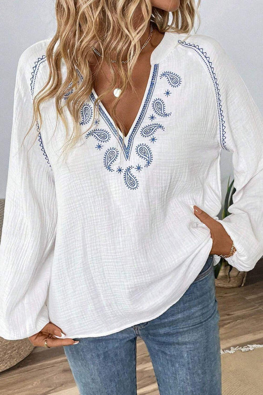 Embroidered Notched Long Sleeve Blouse - Trendy by Luna