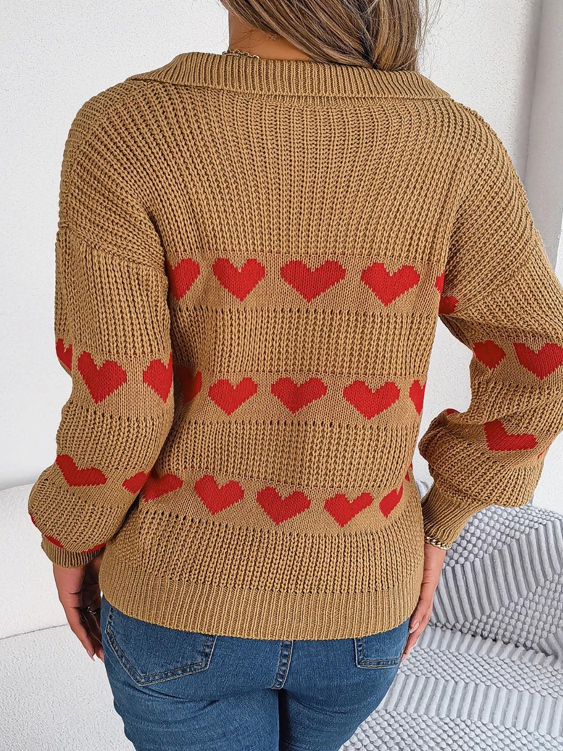 Heart Johnny Collar Long Sleeve Sweater - Trendy by Luna