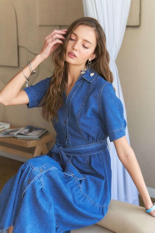 Tiered Button Down Tie Waist Short Sleeve Denim Dress - Trendy by Luna