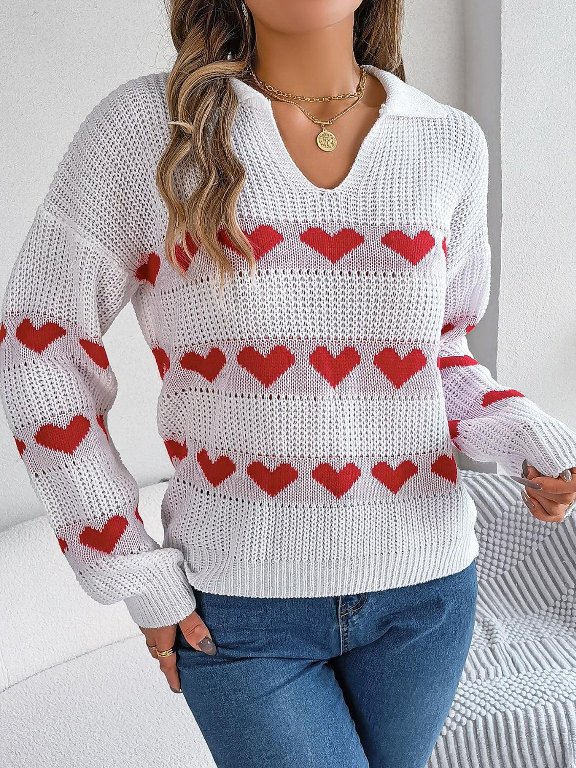 Heart Johnny Collar Long Sleeve Sweater - Trendy by Luna