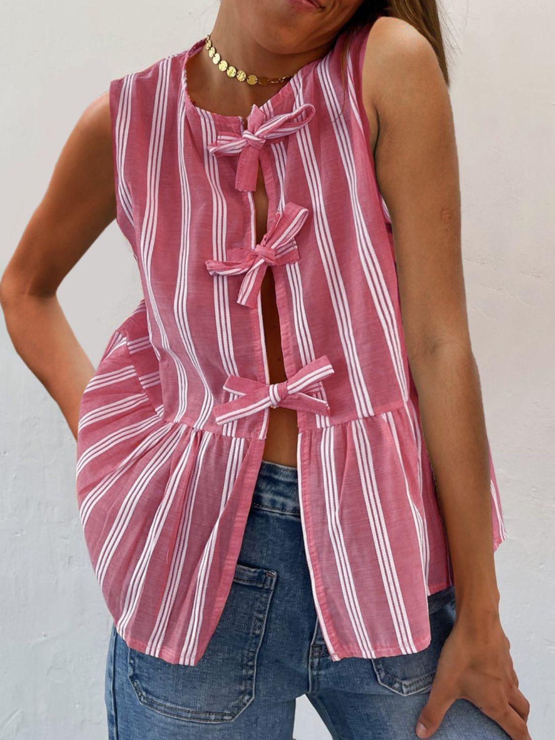 Tied Striped Round Neck Tank - Trendy by Luna