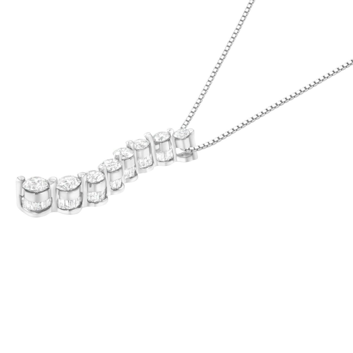 14K White Gold 3.0 Cttw Round-Brilliant & Baguette Cut Diamond S Shaped Graduated 18" Pendant Necklace (I-J Color, I2-I3 Clarity)