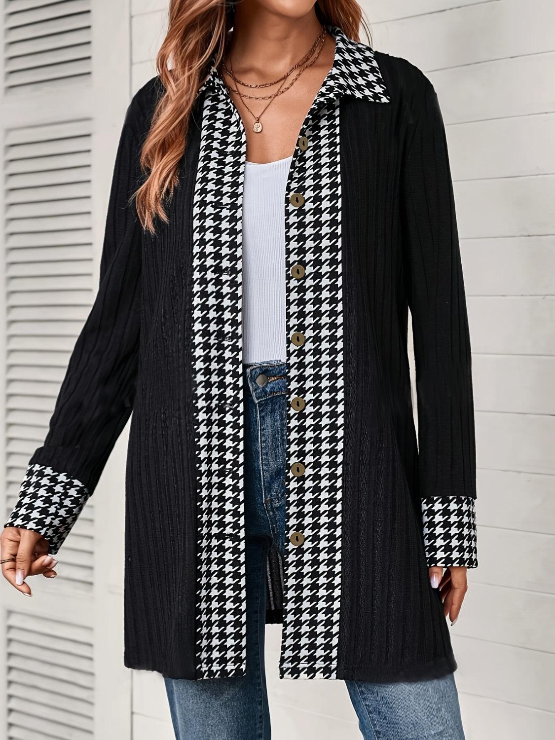 Houndstooth Button Up Long Sleeve Cardigan - Trendy by Luna