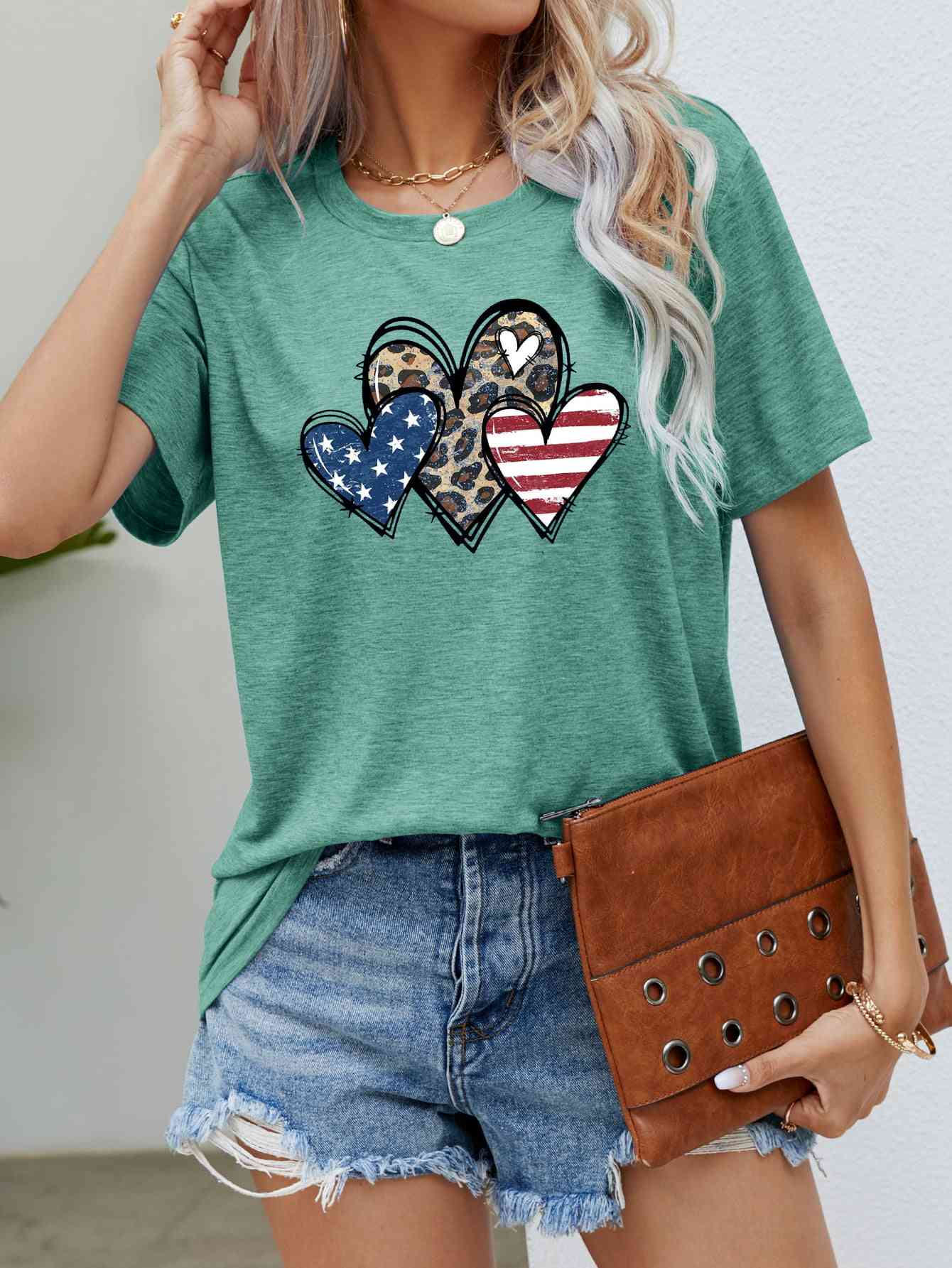 US Flag Leopard Heart Graphic Tee - Trendy by Luna