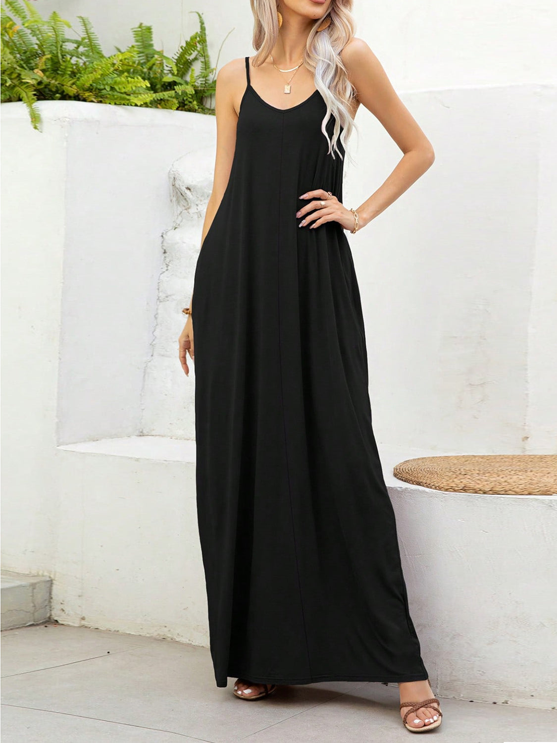 V-Neck Maxi Cami Dress with Pockets - Trendy by Luna