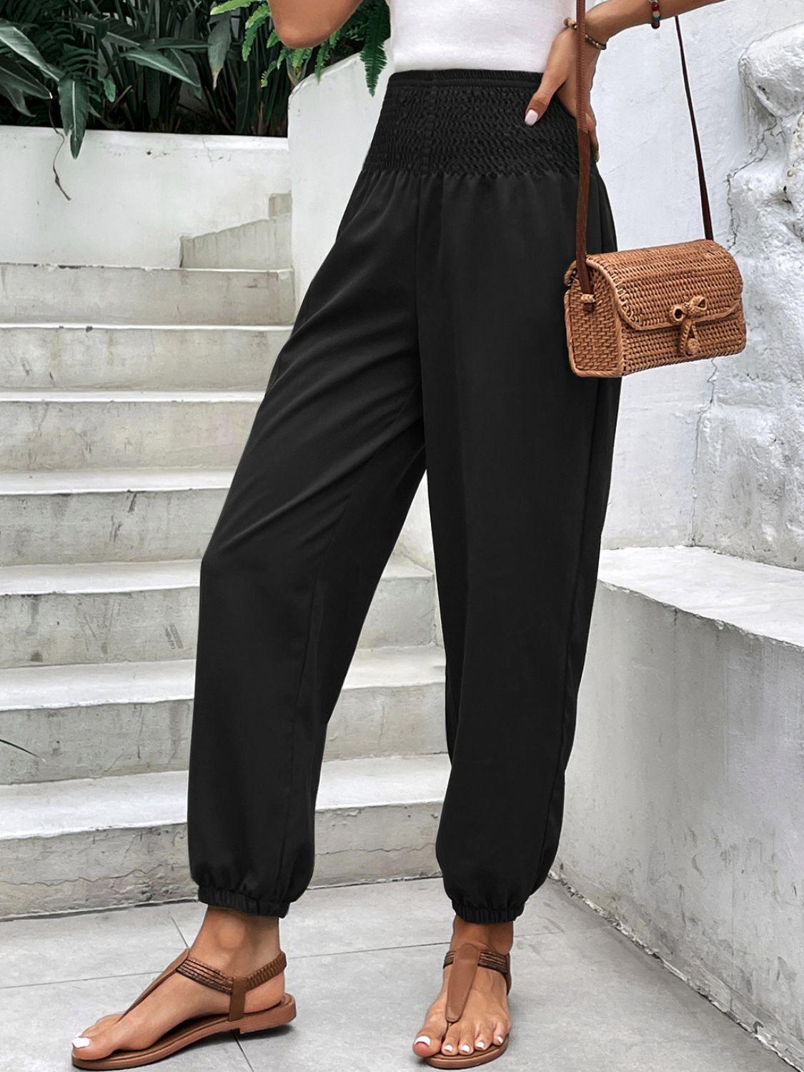 Smocked High Rise Joggers with Pockets - Trendy by Luna