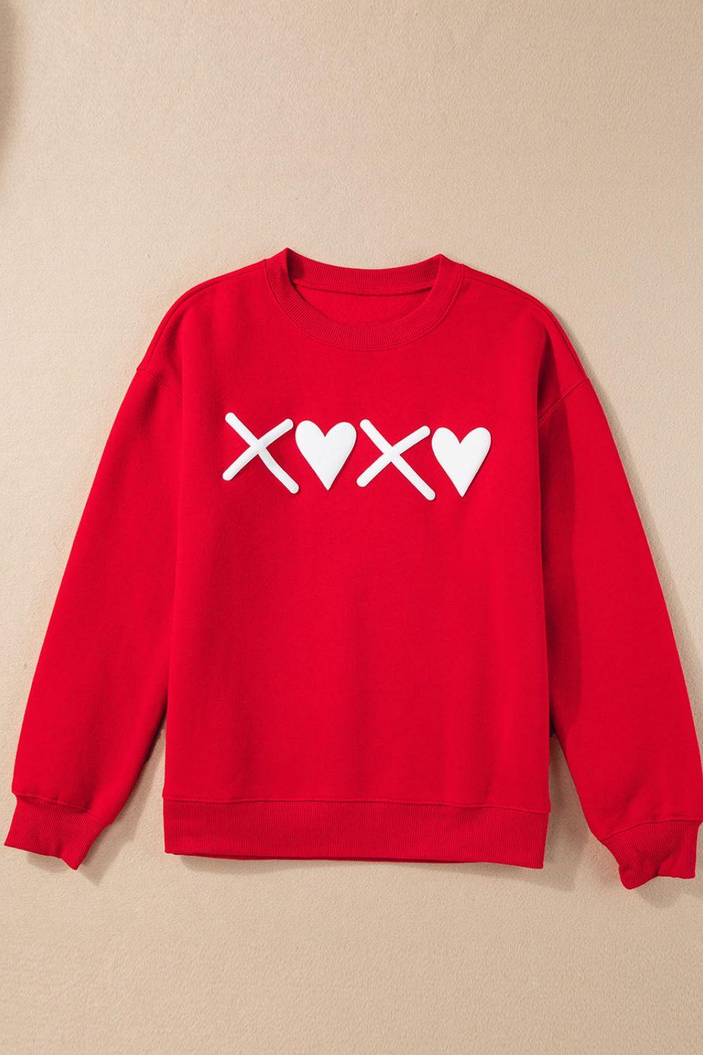 Valentine’s Day XOXO Round Neck Drop Shoulder Sweatshirt - Trendy by Luna