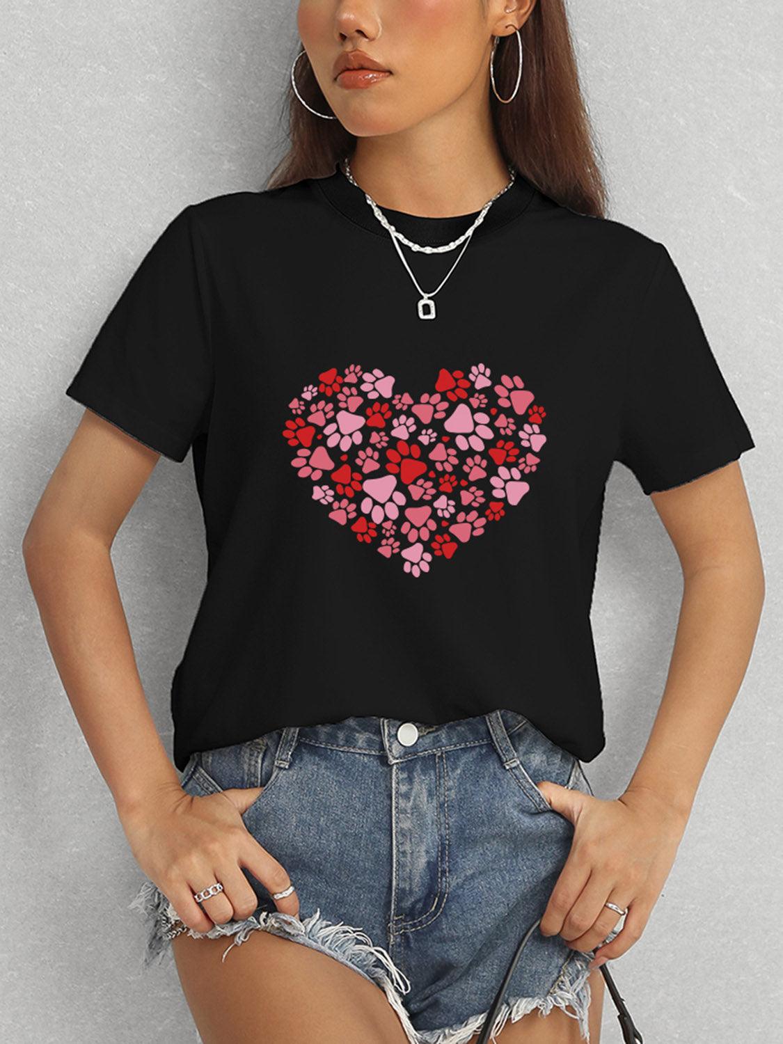 Heart Round Neck Short Sleeve T-Shirt - Trendy by Luna