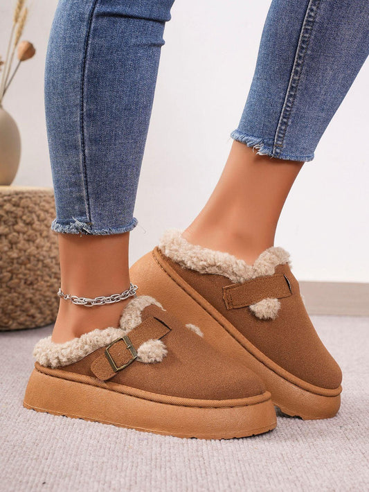 Thermal Fuzzy Buckle Platform Slippers - Trendy by Luna