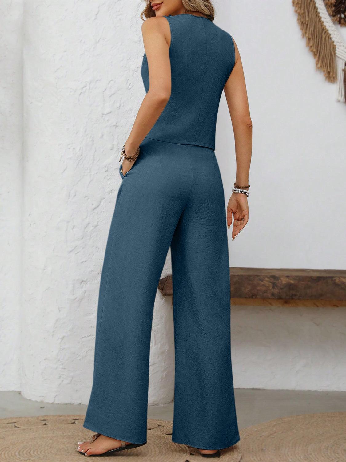 V-Neck Button Down Vest and Wide Leg Pants Set - Trendy by Luna