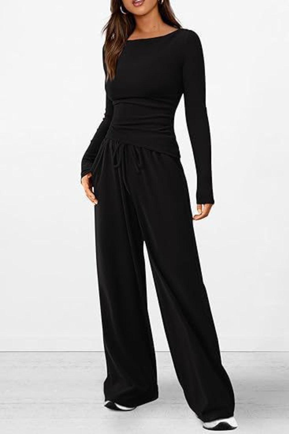 Round Neck Long Sleeve Top and Pants Set - Trendy by Luna