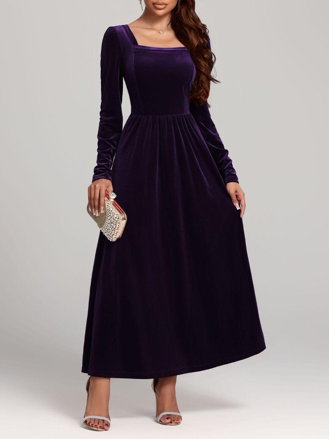 Velvet Square Neck Long Sleeve Dress - Trendy by Luna