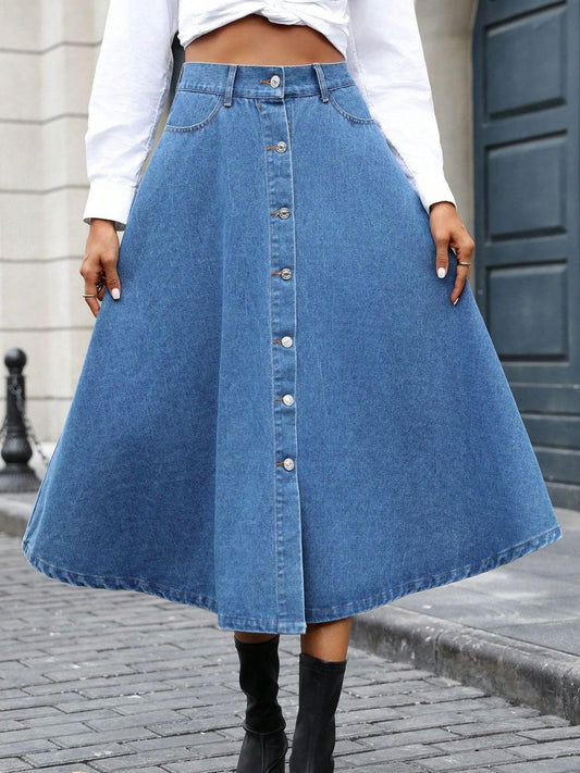 Buttoned Midi Denim Skirt with Pockets - Trendy by Luna