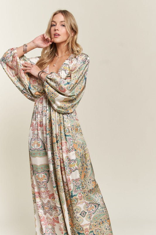 ADORA Printed V-Neck Batwing Sleeve Dress - Trendy by Luna