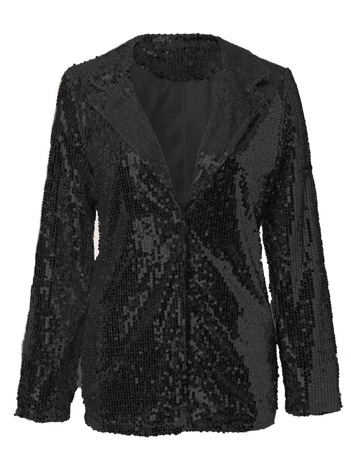 Sequin Lapel Collar Long Sleeve Blazer - Trendy by Luna