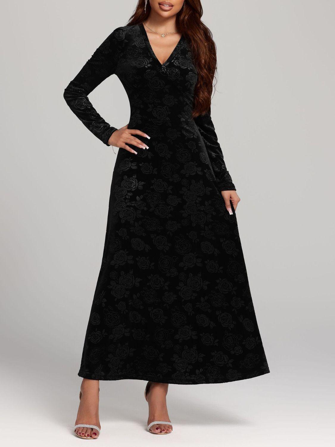 Rose Print V-Neck Long Sleeve Dress - Trendy by Luna