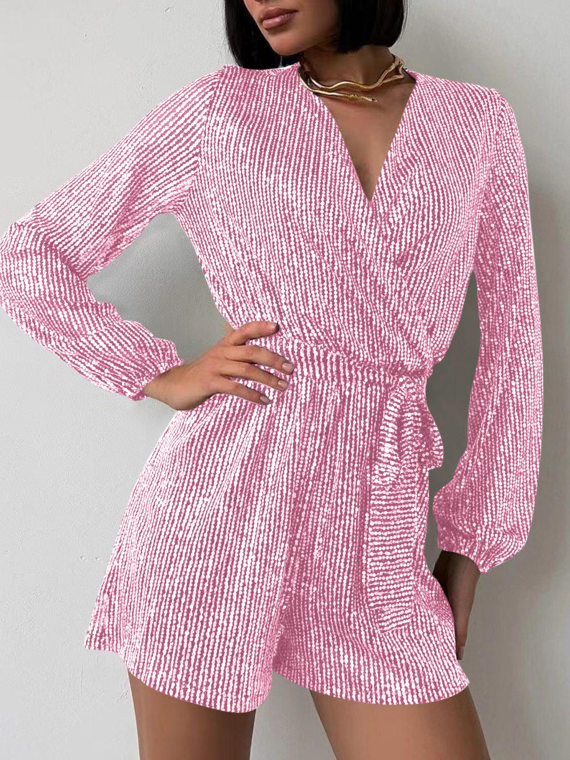 Full Size Sequin Surplice Tie Waist Long Sleeve Romper - Trendy by Luna