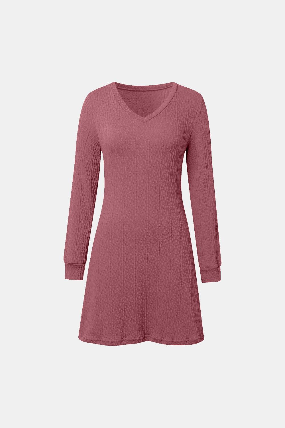 Texture V-Neck Long Sleeve Dress - Trendy by Luna