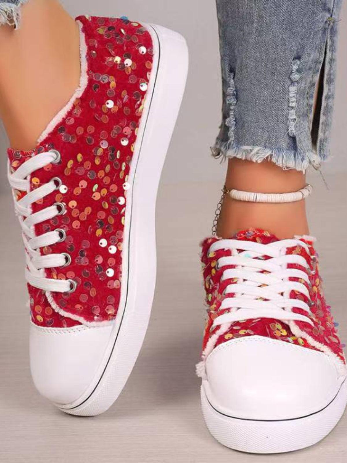 Sequin Round Toe Flat Sneakers - Trendy by Luna