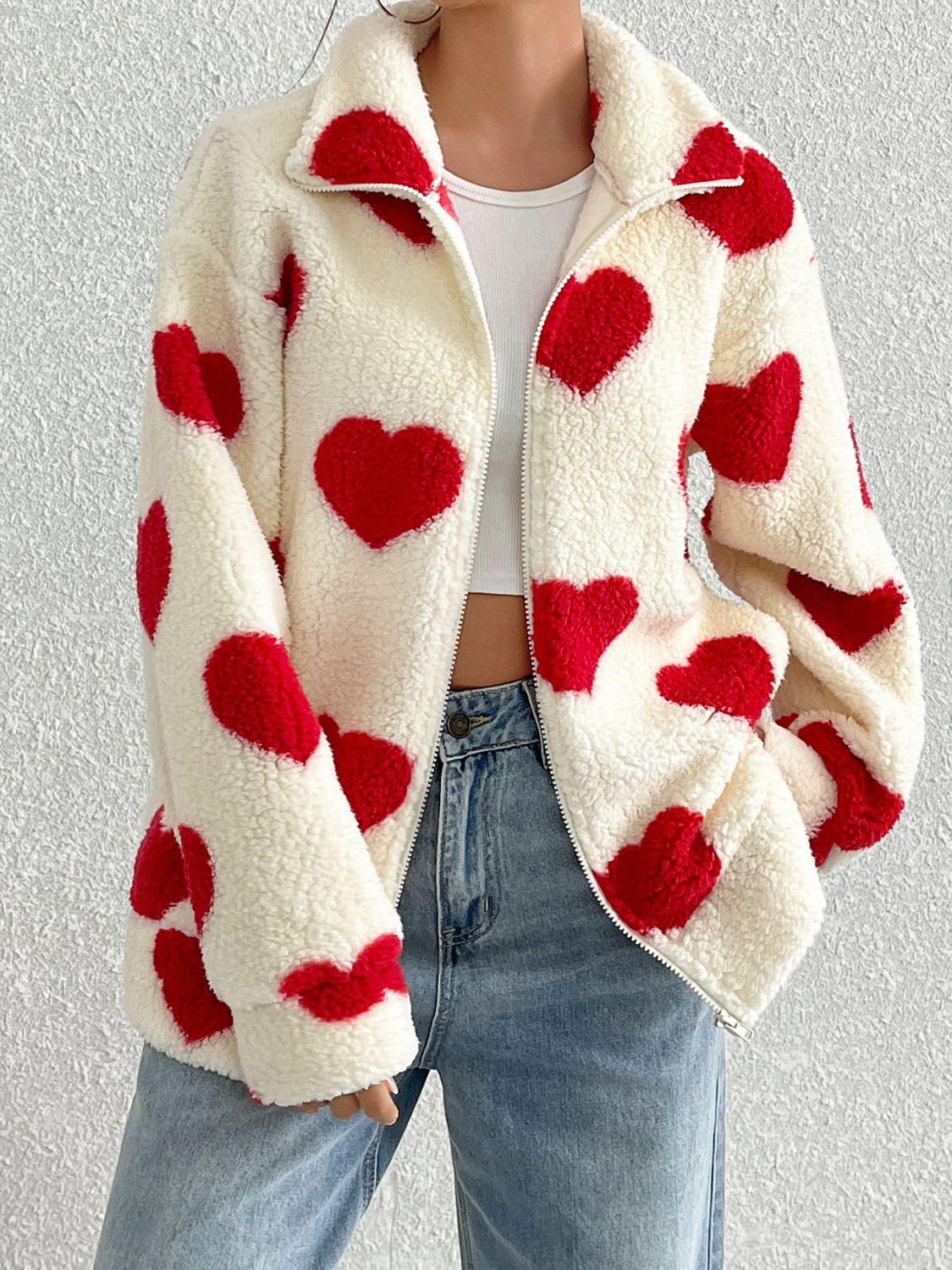 Heart Zip Up Drop Shoulder Furry Jacket - Trendy by Luna