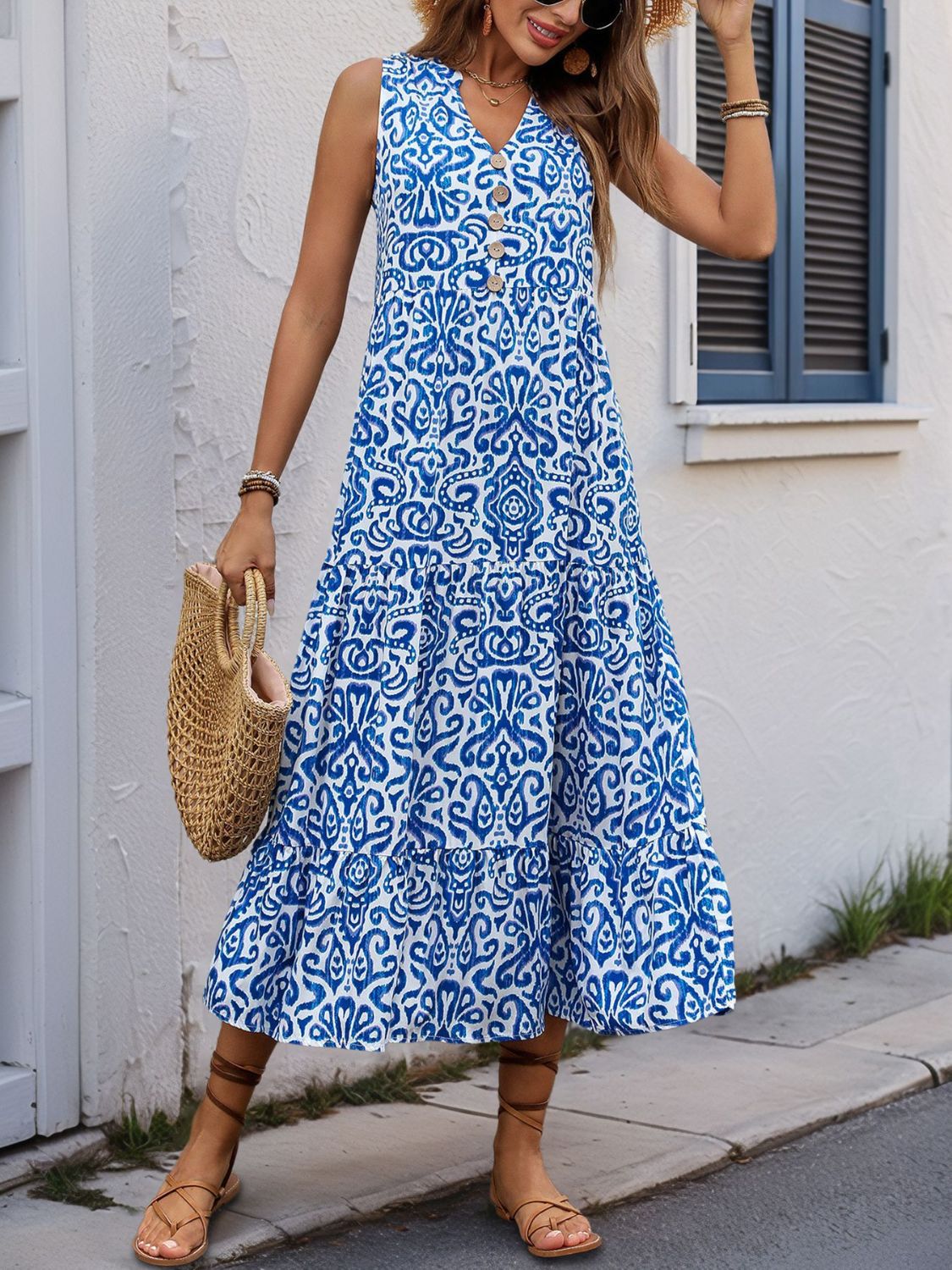 Decorative Button Printed Notched Sleeveless Midi Dress - Trendy by Luna