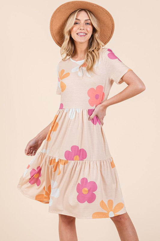 Floral Round Neck Short Sleeve Tiered Dress - Trendy by Luna