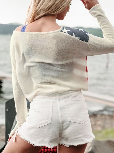 Perfee US Flag Boat Neck Long Sleeve Knit Top - Trendy by Luna