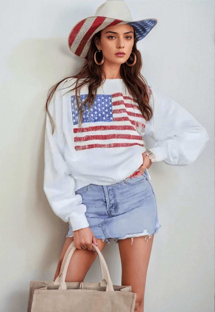 US Flag Round Neck Long Sleeve Sweatshirt - Trendy by Luna