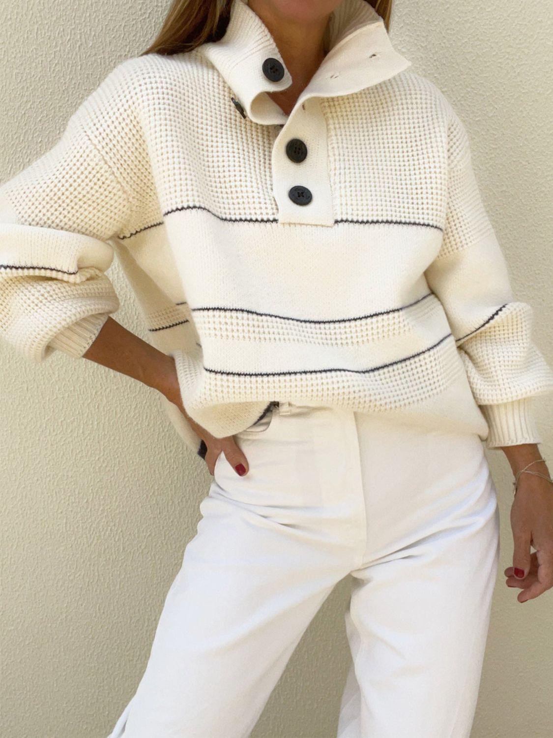 Waffle-Knit Half Button Long Sleeve Sweater - Trendy by Luna