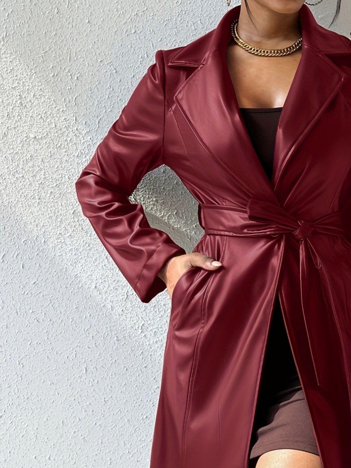 Tied PU Leather Long Sleeve Trench Coat - Trendy by Luna