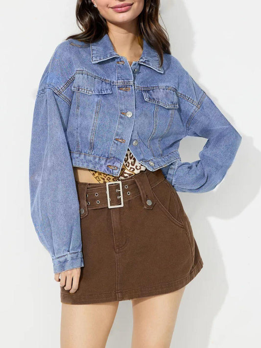 Collared Neck Dropped Shoulder Cropped Denim Top - Trendy by Luna